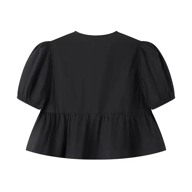 TRAF Leopard Print Crop Top Women Puff Sleeve Ruffle Blouses Woman 2024 Summer Shirts and Blouses for Women Ruched Ladies Tops