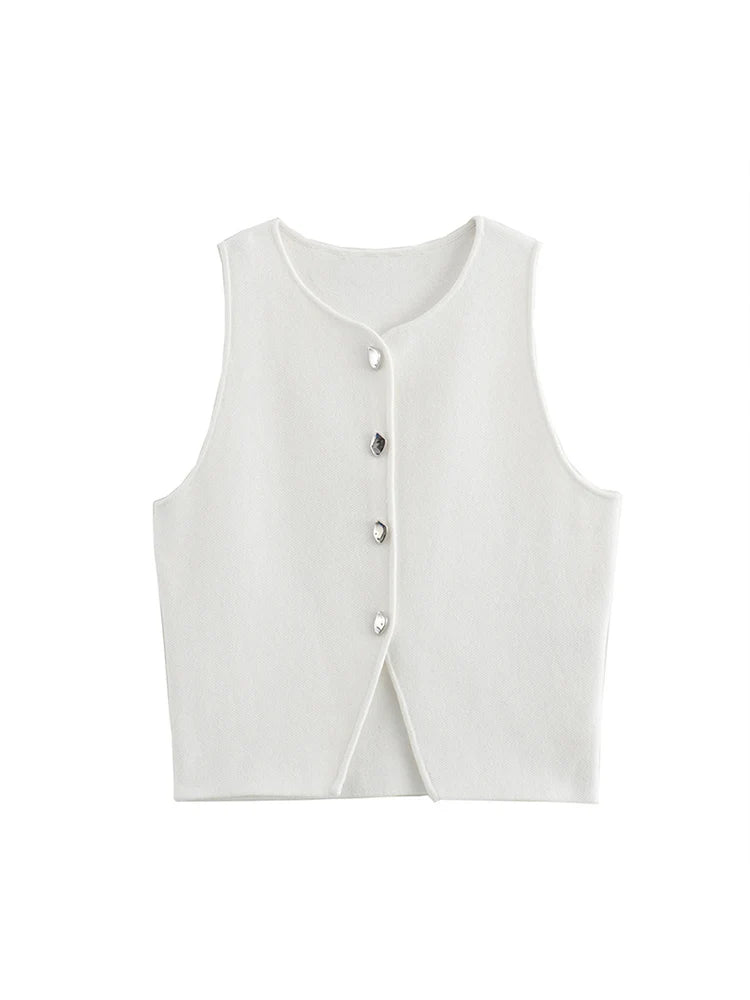 White Knit Crop Top Women Button Short Tops Woman 2025 Summer Tanks Camis Tops for Women Streetwear Vest Tank Top Female