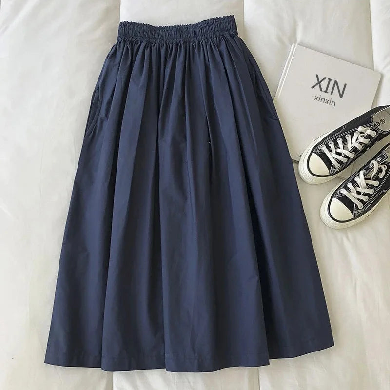 Women White Long Skirt Fashion Pockets Pleated Knee Length Skirts Autumn 2024 New Casual Elegant High Waist A Line Femme Skirts