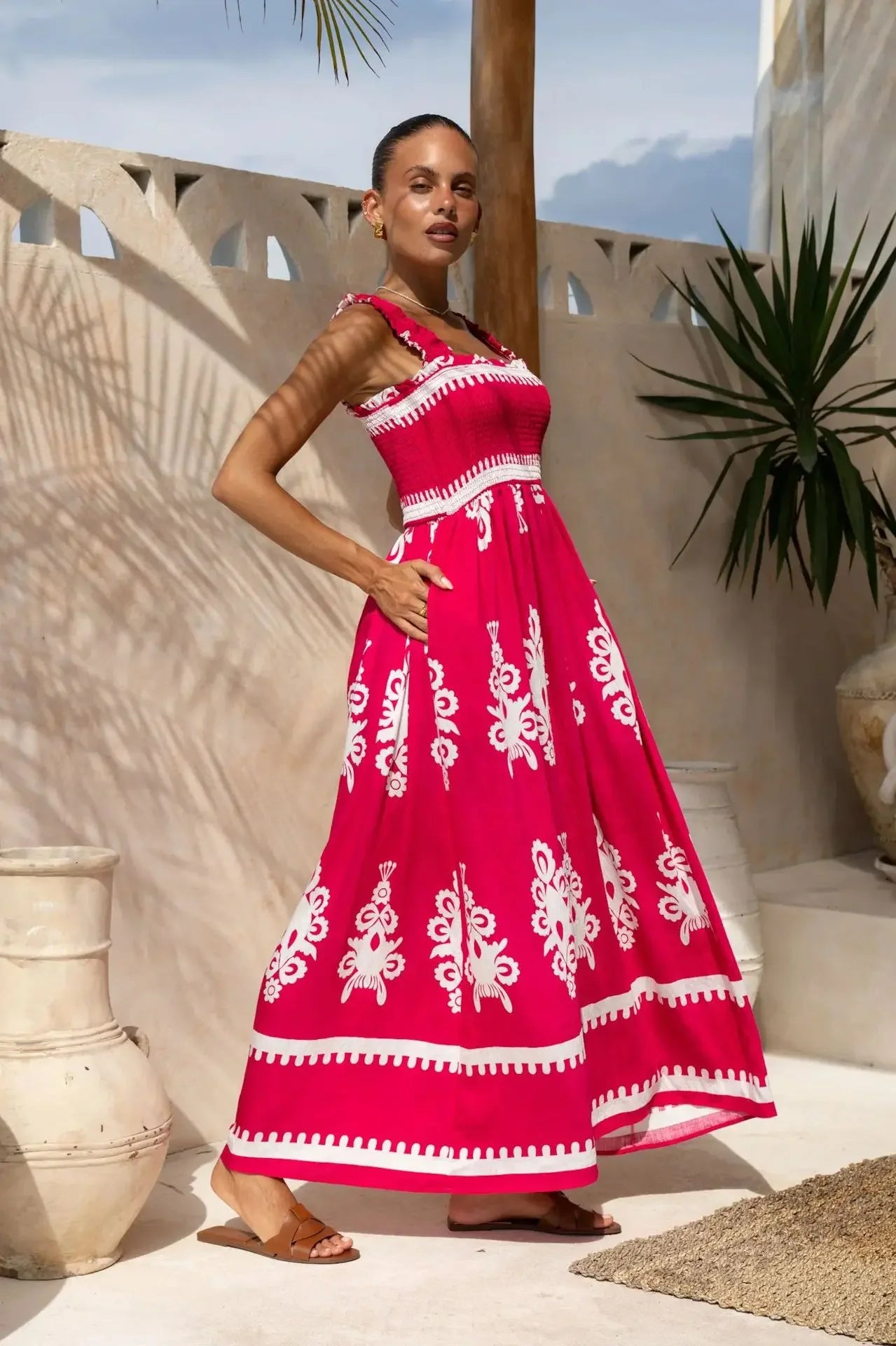 2025 Summer Fashion New Women's Bohemian Style Dress Beach Vacation Printed Strap Fold A-line Length Dress