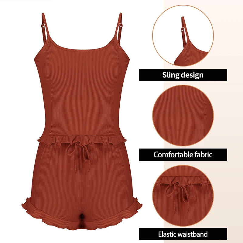 Summer Two-Piece Solid Color Sleepwear Round Neck Sexy Suspender Ribbed Knitted Pleated Vest Shorts Casual Women's Sleepwear Set