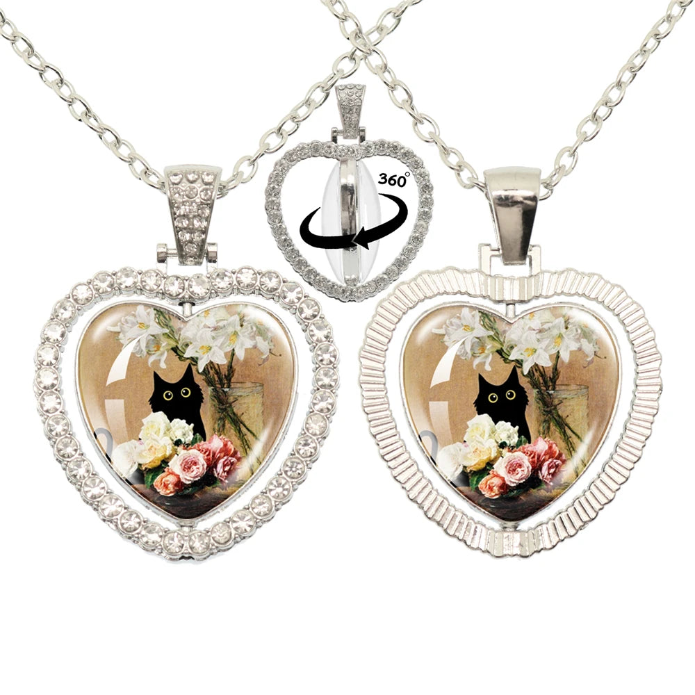 Lovely Little Cat Glass Cabochon 360 Degree Rotating Heart Shaped Pendant With Double-Sided Necklace For Girls' Birthday Gift Je