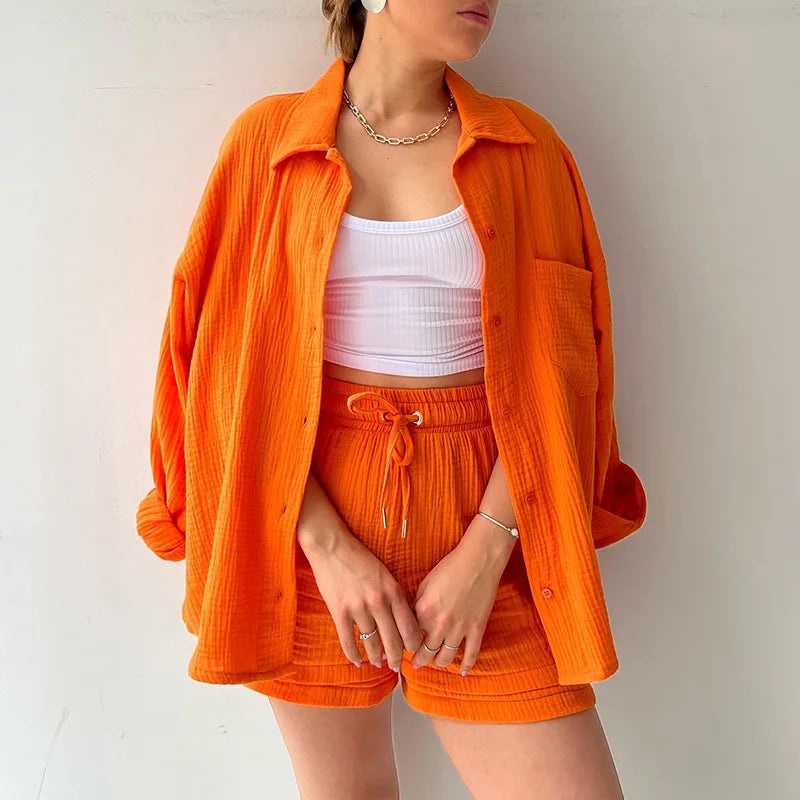 Solid Color Casual Loose Short Pants Sets For Women 2025 Elegant Summer Women's Two Pieces Suit Full Set Female Outfit Clothes