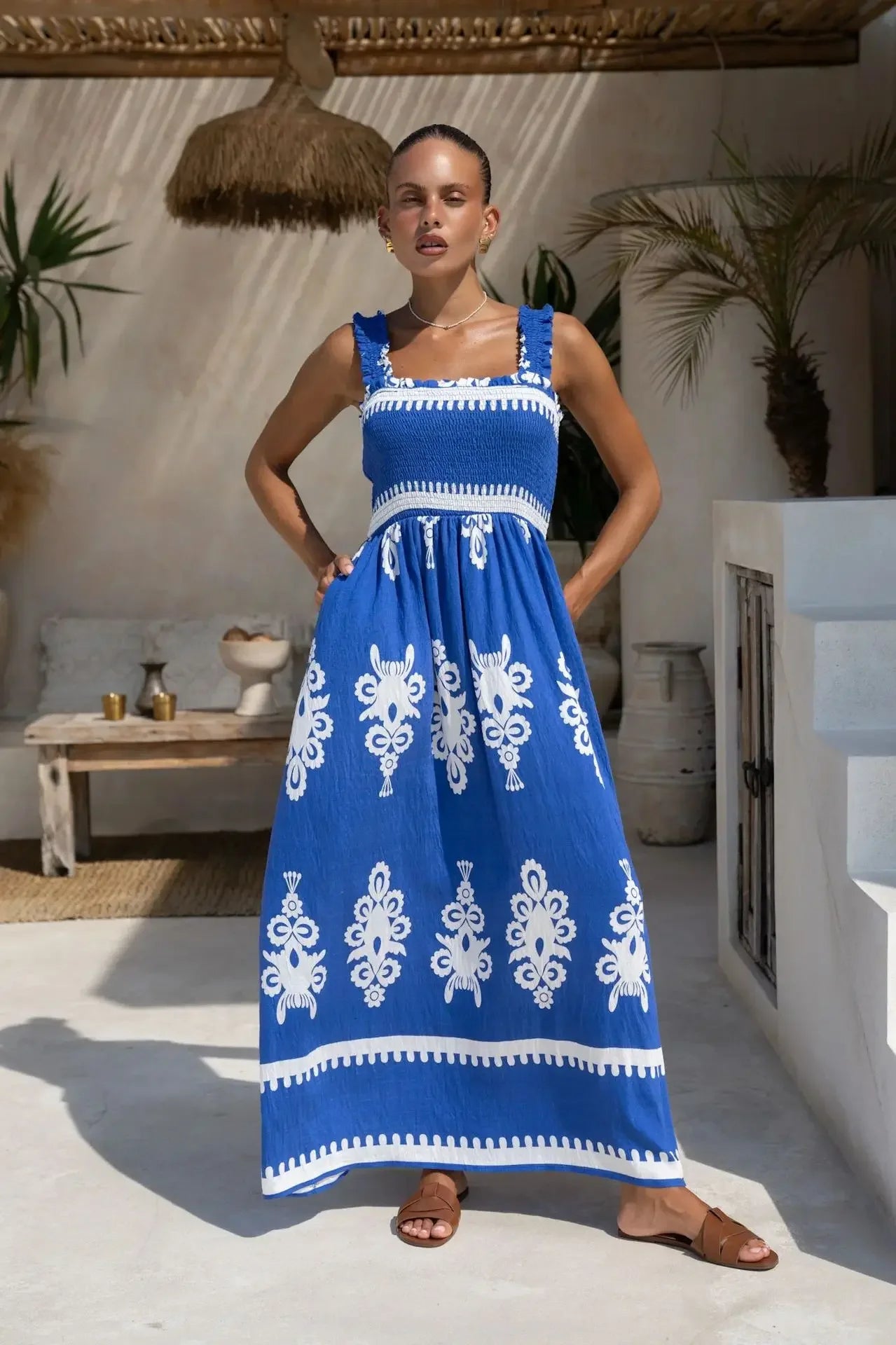 2025 Summer Fashion New Women's Bohemian Style Dress Beach Vacation Printed Strap Fold A-line Length Dress