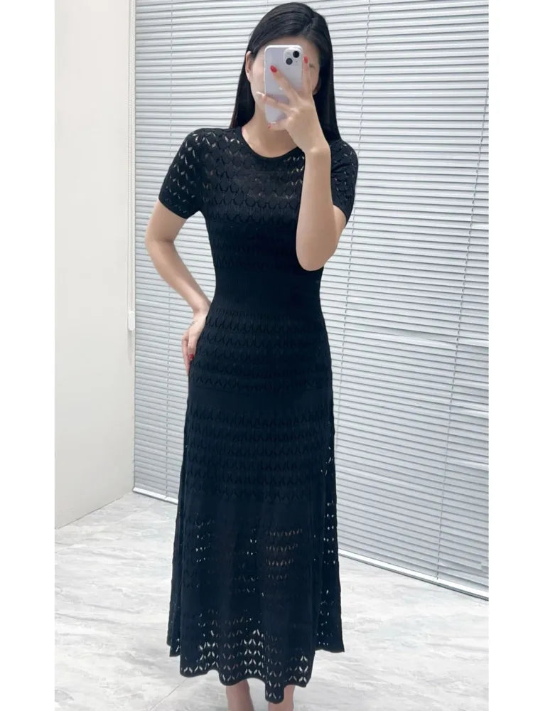 CHUJIE Women's 2025 Summer Lace Trim Dress Set - Round Neck Short Sleeve Midi Dress + Slip Dress 2 Piece Set (Rayon Nylon Blend)