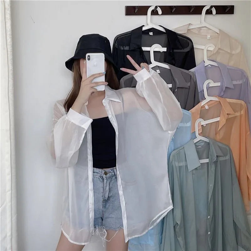Xpqbb Women's White Chiffon Shirt Sheer Thin Long Sleeve Sun Protection Blouse Woman Casual Loose Simple Single-breasted Shirts