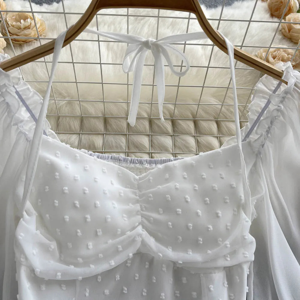SINGREINY Polka Dot Folds Short Blouse Summer Slash Neck Long Sleeve Women Tie Halter Elastic Waist Fashion French Beach Top