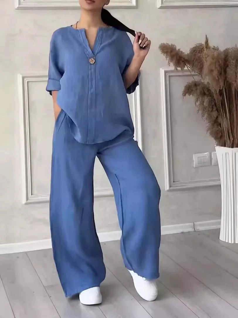 Cotton Linen Sets Two 2 Pieces Sale Casual Long Sleeve Button Loose Blouse Shirt&High Elastic Wide Leg Loose Pant Suits NMD-3021