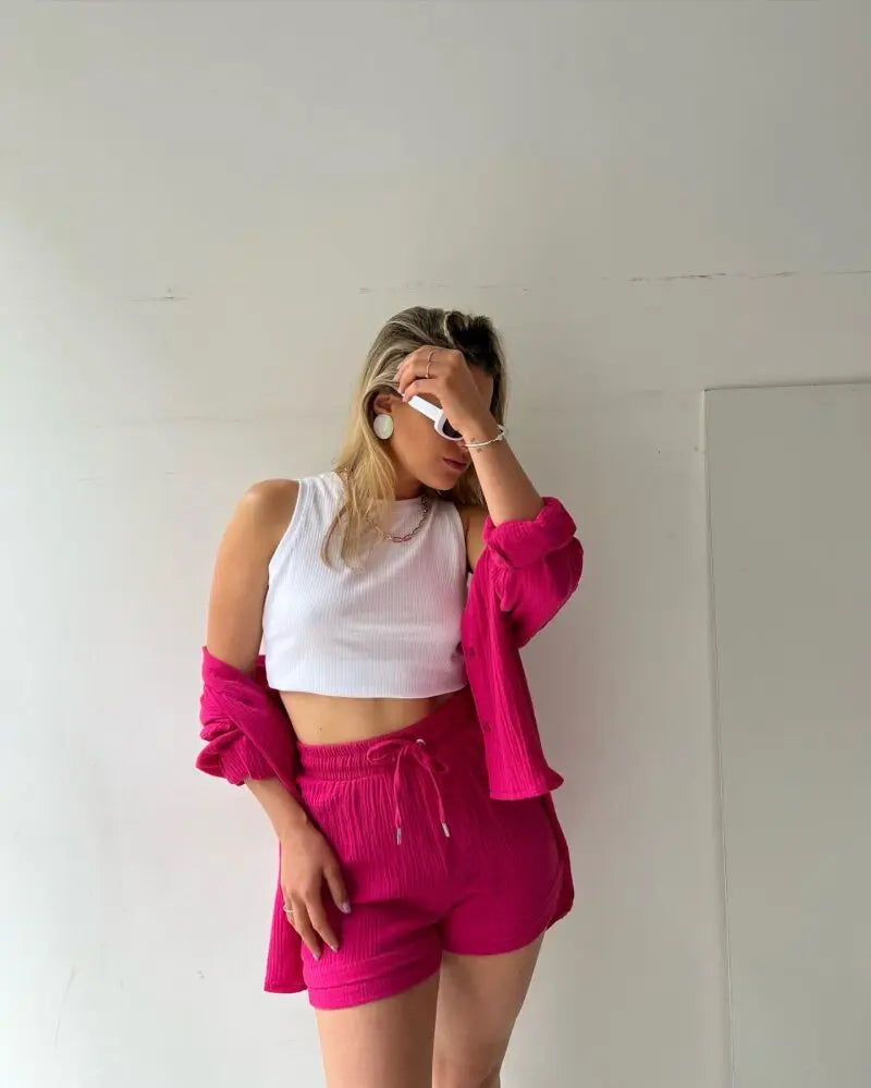 Solid Color Casual Loose Short Pants Sets For Women 2025 Elegant Summer Women's Two Pieces Suit Full Set Female Outfit Clothes