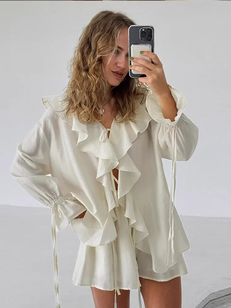 Fashion Solid Women 2 Piece Set Casual Flare Sleeve Lotus Leaf Edge Lace Up Mesh Sheer Shorts Suit 2025 New Lady Commute Outfit