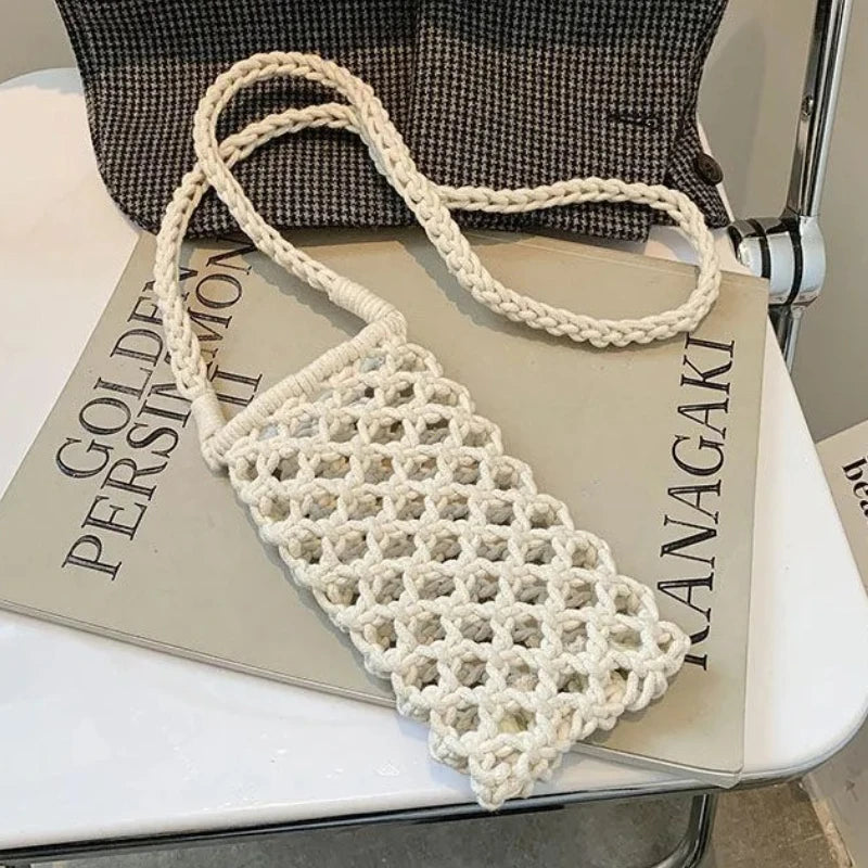 Women Fashion Small Crossbody Phone Bag Solid Color Hollow-out Woven Crochet Lightweight Braided Shoulder Handbag Crossbody Bags