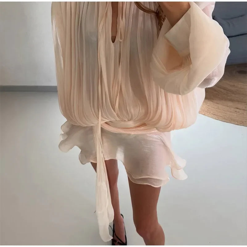 Elegant Ruffles Shiny Mini Dresses Fashion Solid Long Sleeve Lace Up V Neck Pleated Dress New Summer Party Women's Vestidos 2025