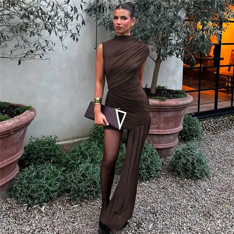Balitops Summer Draped Ruched Sexy Mini Dress Women 2025 New Irregular High Waist Slim Fit Dress Female Elegant Club Tank Dress