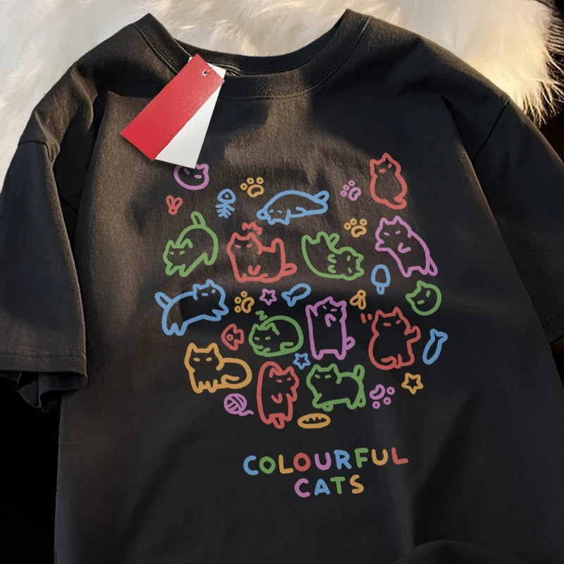 Colorful Cat Baby Pure Trendy Summer Loose Short Sleeved T-shirt Men Women Original Colorful Cat Pose Cute Tees Couple women