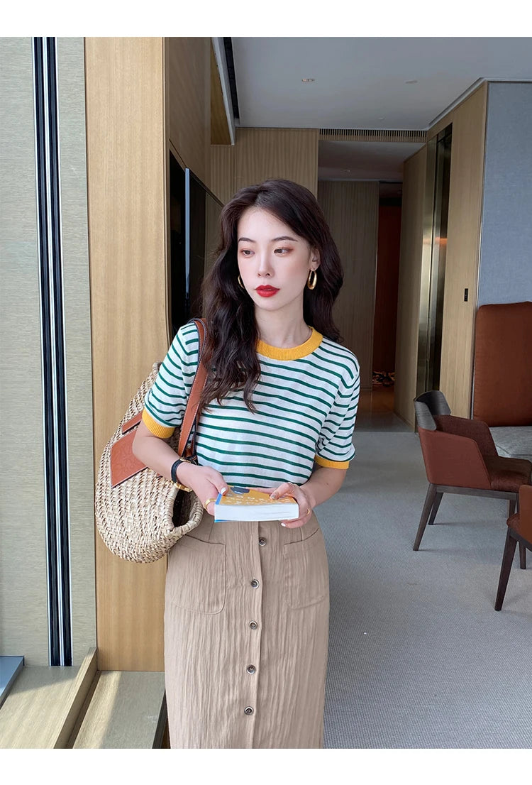2025 Stripe Tops Women Knitted Round Collar Summer Print Short Sleeve Casual Simple Wild T-Shirt