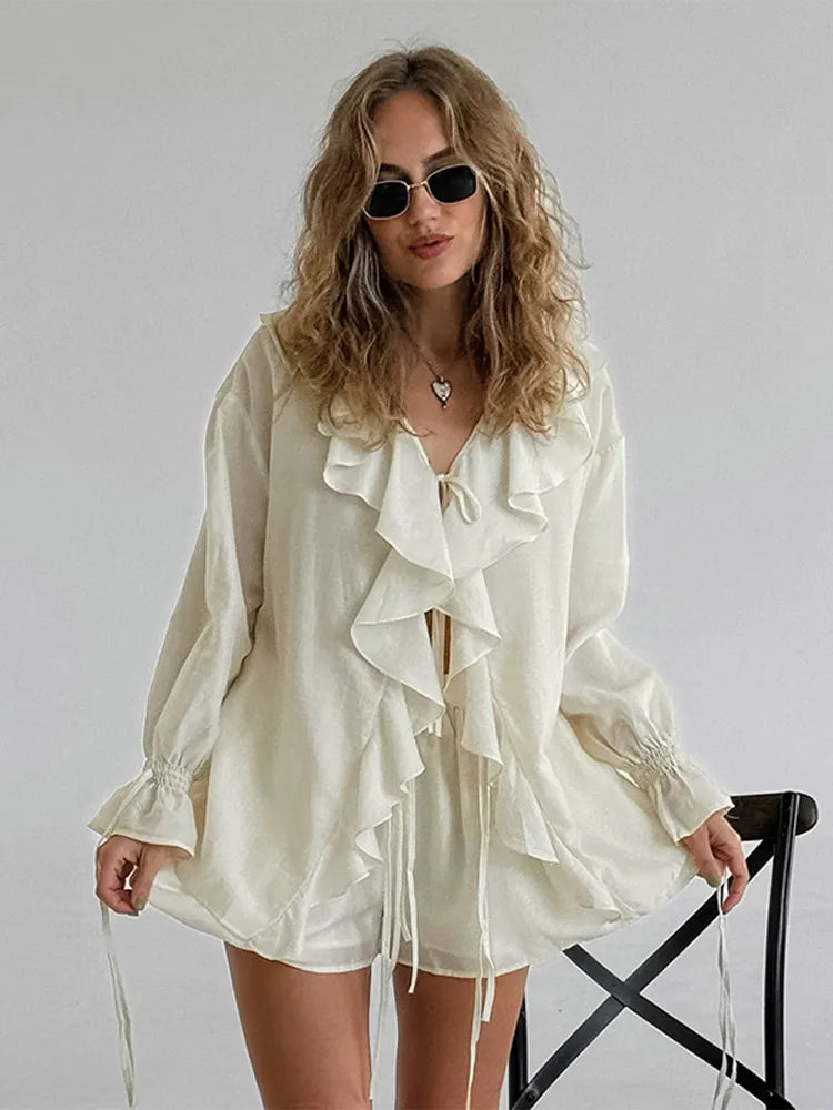 Fashion Solid Women 2 Piece Set Casual Flare Sleeve Lotus Leaf Edge Lace Up Mesh Sheer Shorts Suit 2025 New Lady Commute Outfit