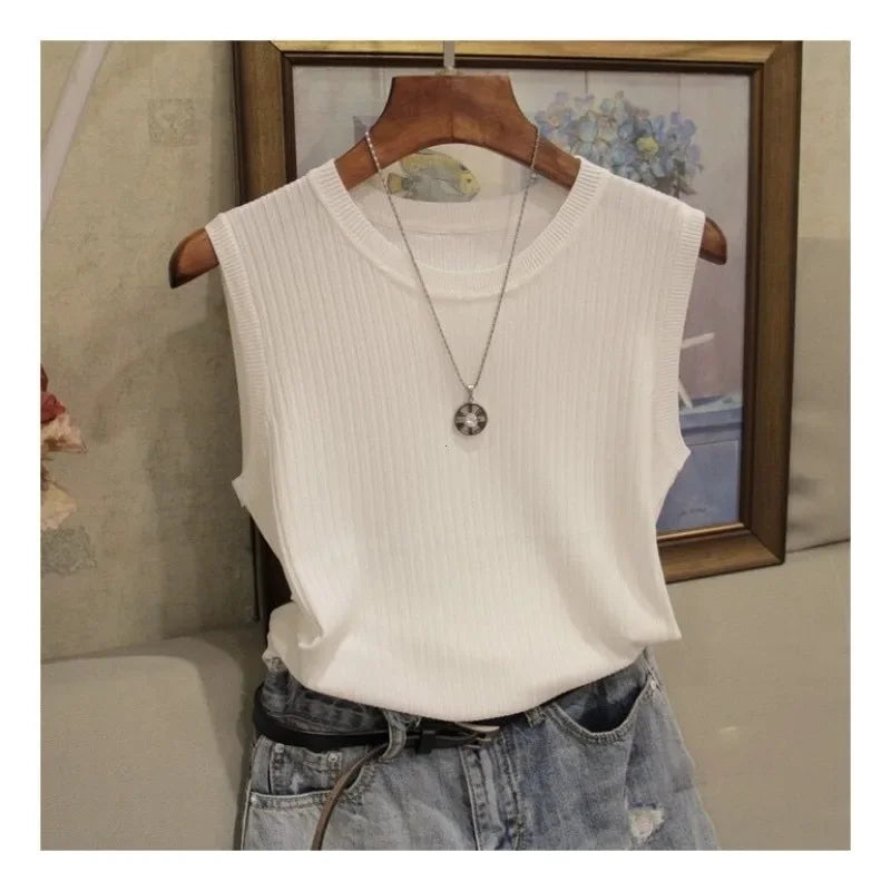 Korea Knitted Vests Women Top Summer Sleeveless Blouse Women O-neck Knitted Blouse Shirt Clothes Women Tops