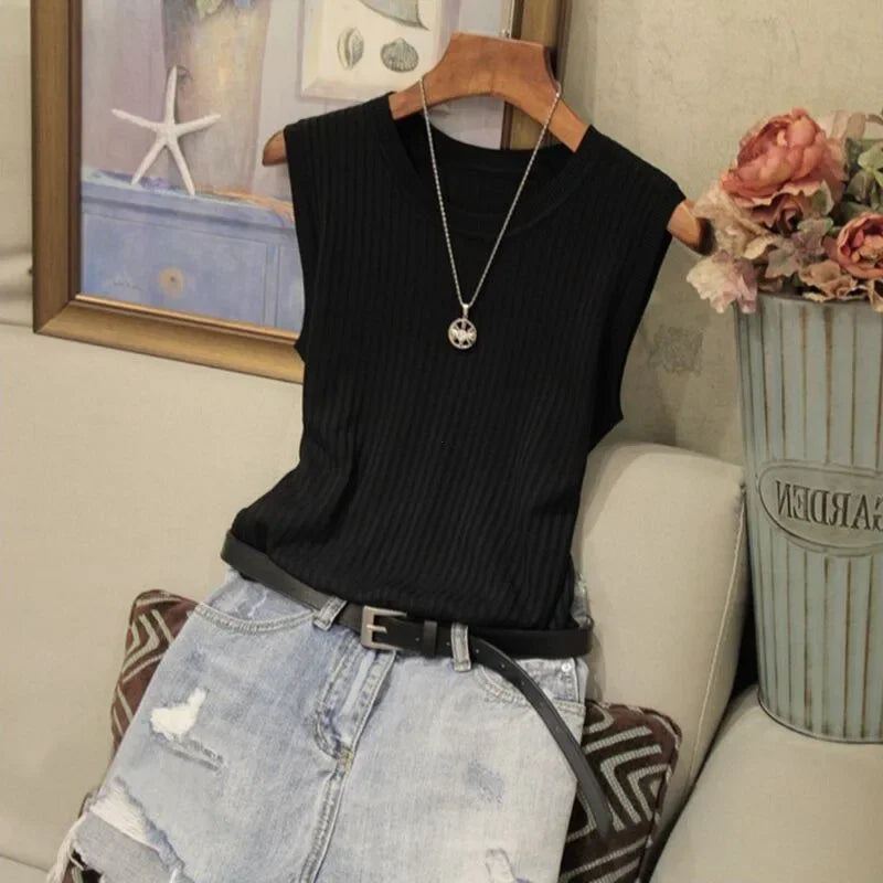 Korea Knitted Vests Women Top Summer Sleeveless Blouse Women O-neck Knitted Blouse Shirt Clothes Women Tops