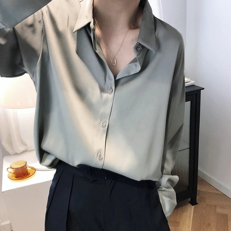 French Elegant Women Satin Glossy Shirt Summer Solid Loose Long Sleeve Blouses Office Lady's All-Match Shirt Vintage Casual Top