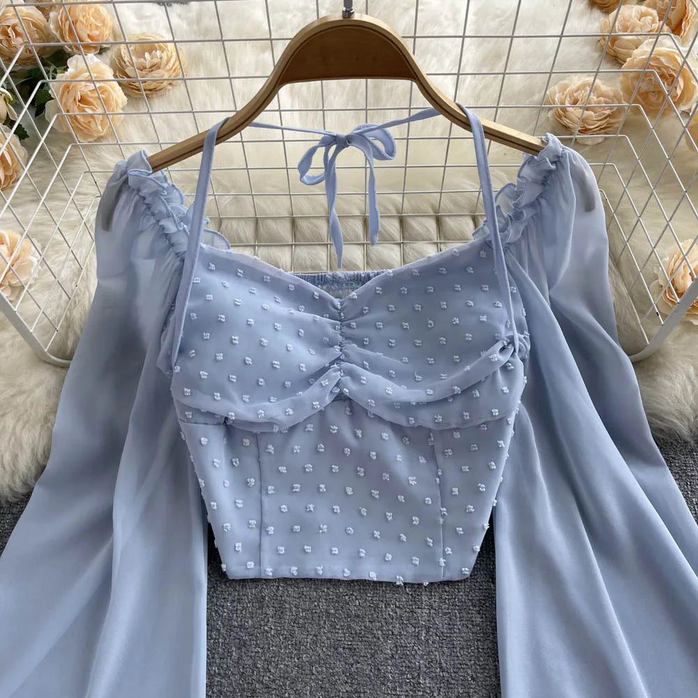 SINGREINY Polka Dot Folds Short Blouse Summer Slash Neck Long Sleeve Women Tie Halter Elastic Waist Fashion French Beach Top