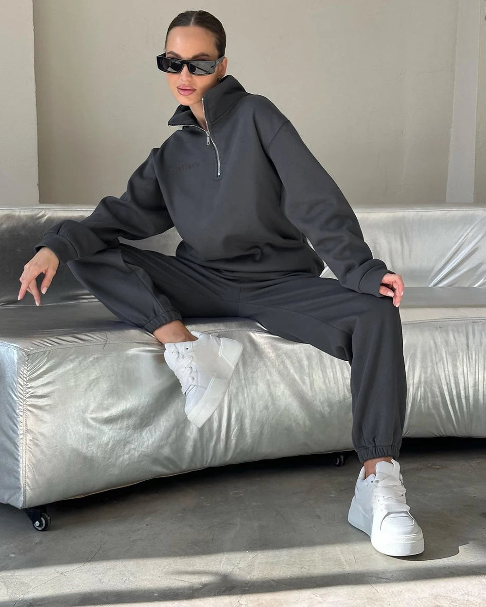 Autumn Women's Tracksuit with Zipper Cotton Oversize White Casual Two Piece Set Women Classic Sports Trouser Suits for Women