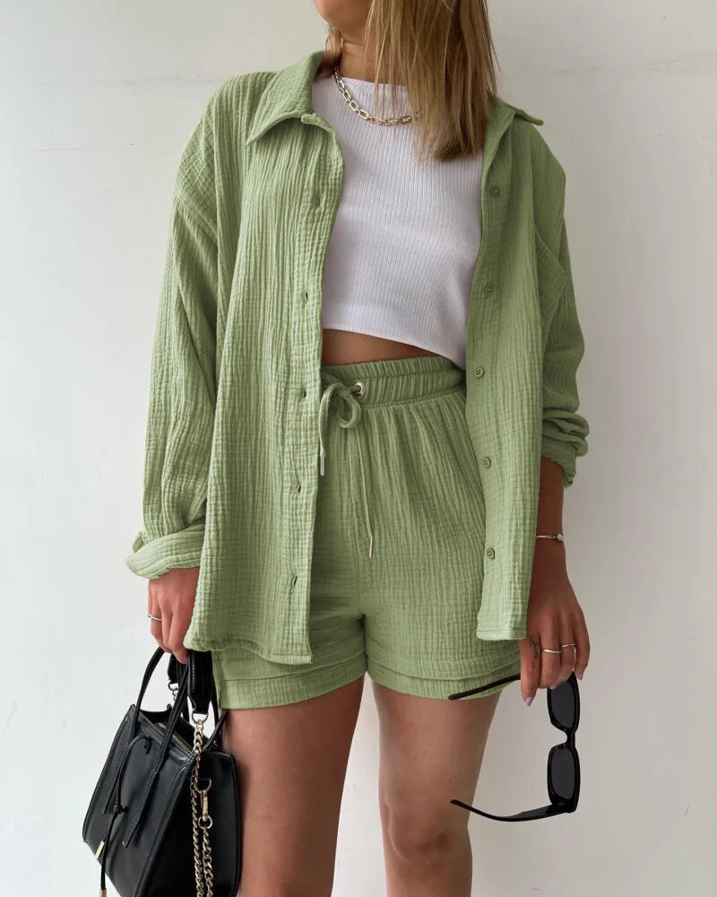 Solid Color Casual Loose Short Pants Sets For Women 2025 Elegant Summer Women's Two Pieces Suit Full Set Female Outfit Clothes