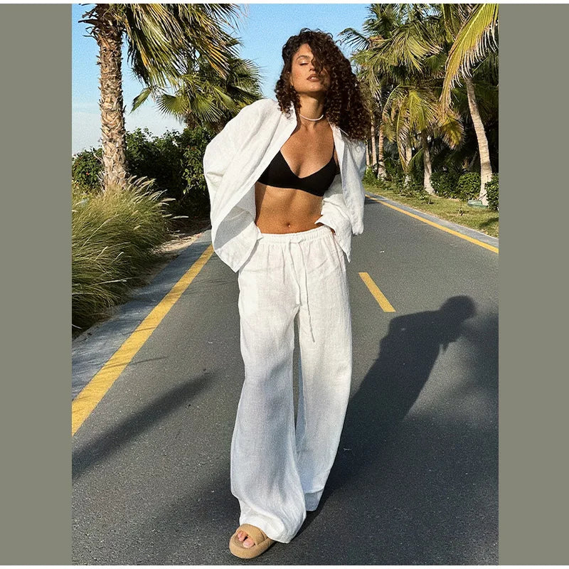 Women Classic Solid Wide Leg Pants Suits Summer Fashion V-neck One Button Loose Blouse Sets Casual Female Daily Streetwear 2025