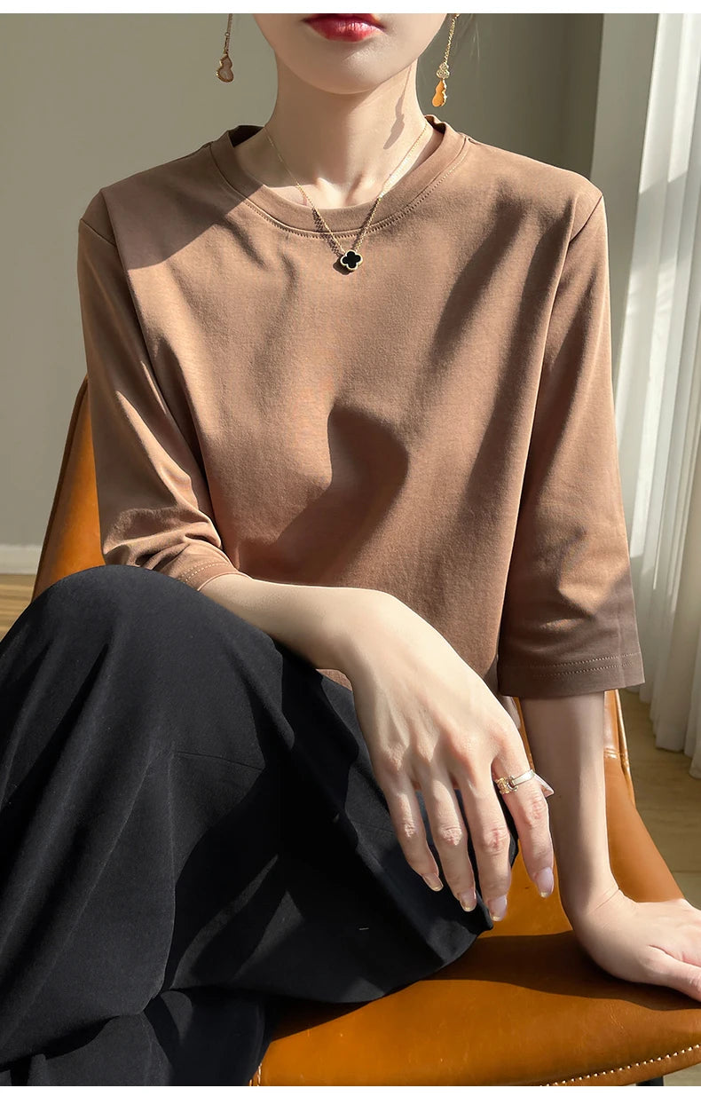 Spring And Summer New White Mercerized Cotton Short Sleeve T-Shirt Feminine Joker Cotton Cropped Sleeve Bottoming Shirt