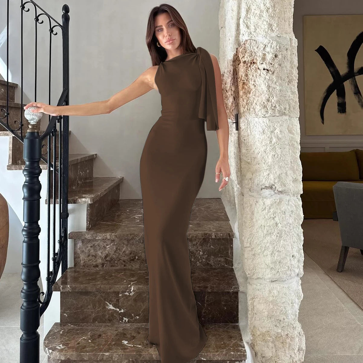 Hugcitar Fashion Solid O Neck Sleeveless Patchwork Sexy Bodycon Maxi Prom Dress Summer Women Clothes Party Festival Club Y2K