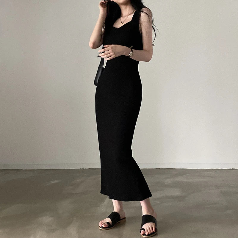 CIBBAR Basic Knit Long Dress Korean Fashion Square Collar Sleeveless Women's Dresses Summer Casual Y2k Vintage All-match Outfits