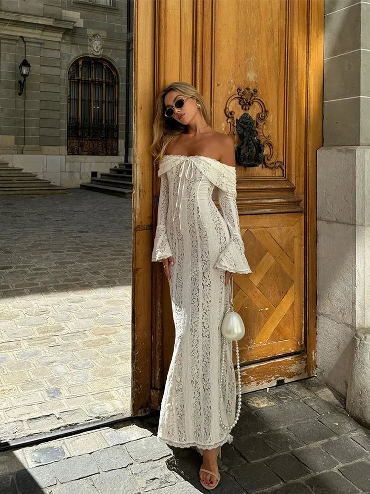 Elegant Cut Out Flared Long Sleeve Maxi Dress Women's Lace Up Hollow Out Off Shoulder Bodycon Vestidos 2025 Lady Outwear Vestido