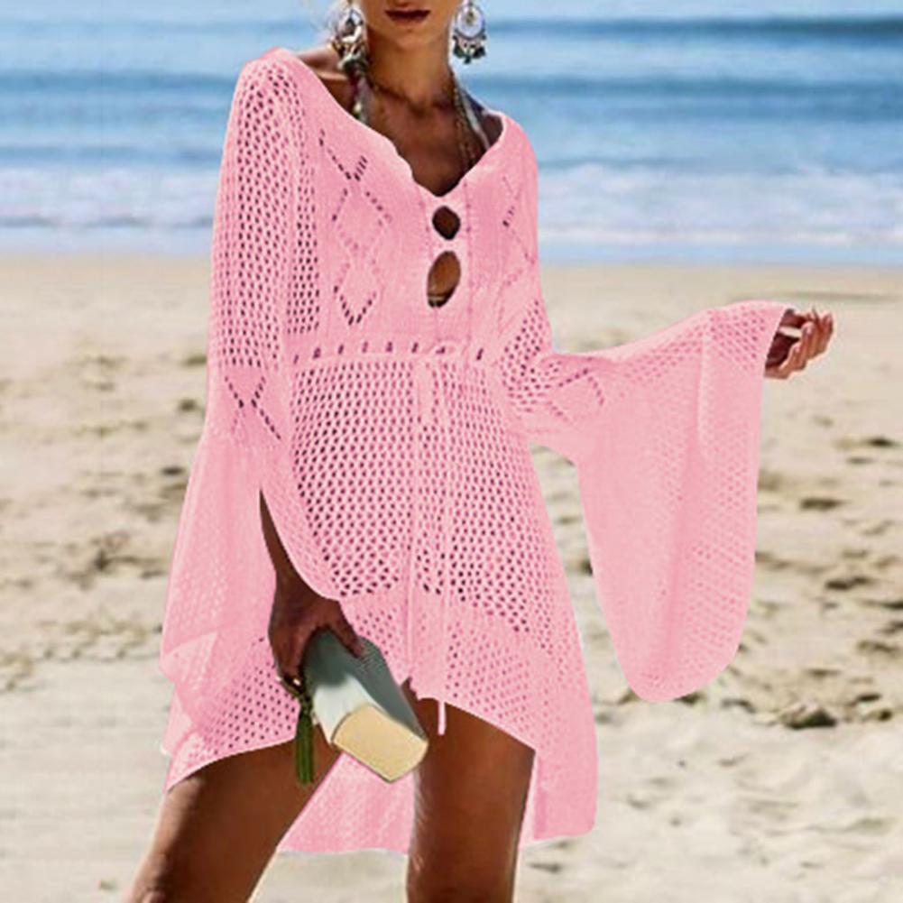 Sexy Women’s Bathing Suit Beach Cover Up Hollow Out Knitted Women Flared Sleeves Solid Color Beach Dress saida de praia