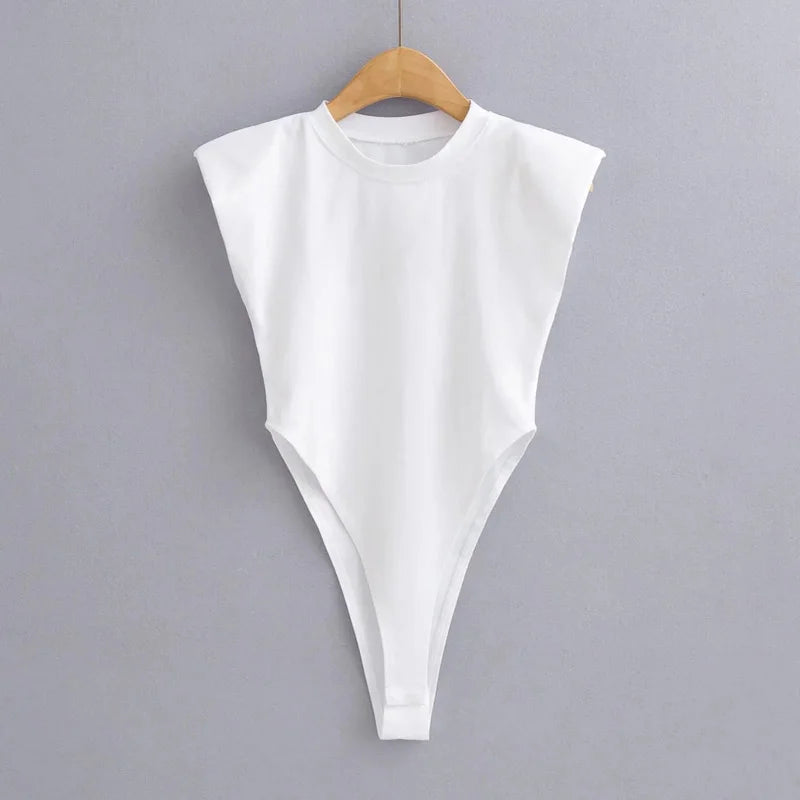 Sexy tops women 2024 Summer one-pieces bodycon bodysuit padded shoulder bodysuit black sleeveless body suits for women white