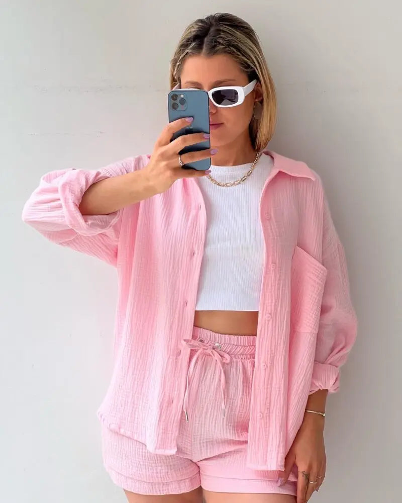 Solid Color Casual Loose Short Pants Sets For Women 2025 Elegant Summer Women's Two Pieces Suit Full Set Female Outfit Clothes