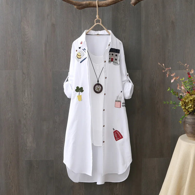 Women Cotton Embroidery Loose Long White Shirts 2025 Spring Autumn New Casual Office Lady Blouse Female Top Loose shirt