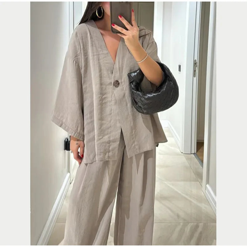 Women Classic Solid Wide Leg Pants Suits Summer Fashion V-neck One Button Loose Blouse Sets Casual Female Daily Streetwear 2025