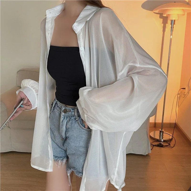 Xpqbb Women's White Chiffon Shirt Sheer Thin Long Sleeve Sun Protection Blouse Woman Casual Loose Simple Single-breasted Shirts