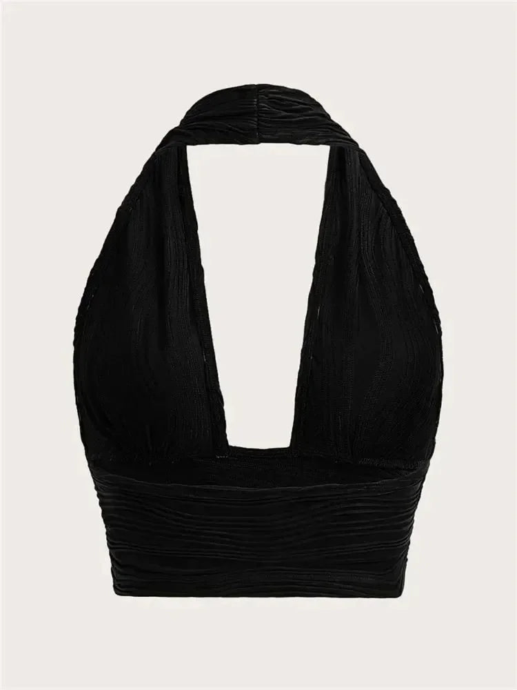 Solid White Backless Crop Halter Top Women Summer Y2K Club Grunge Clothes Deep V-neck Backless Sleeveless Tank Top Streetwear