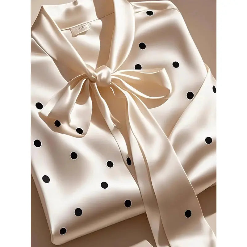 Women High Quality Satin Polka Dot Print Shirt Office Lady Business Casual Elegant Chic Blouse Lace-up Bow Long Sleeve Loose Top