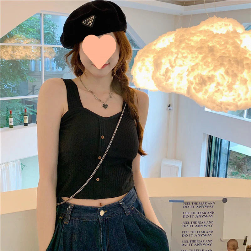 Women's Y2K Cropped Tops with Bra Pads Summer Corset Korean Suspenders Vest Sexy Camisole Slim New