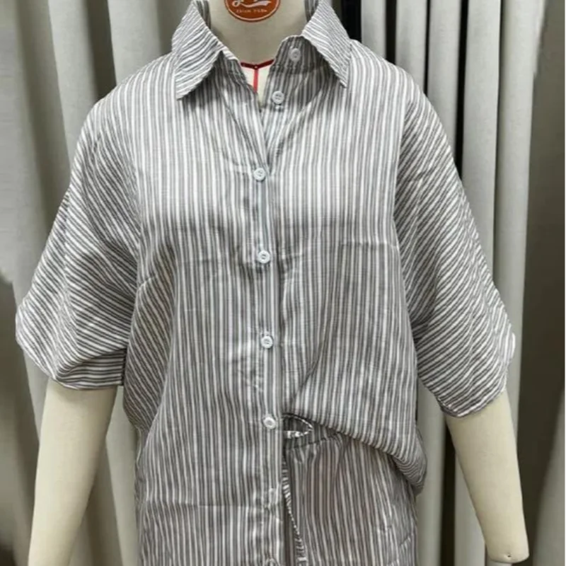 Women Elegant Stripes Cotton Linen Loose Shirt Shorts Suits Fashion Lapel Half Sleeves Elastic Waisted Shorts Summer Lady Outfit