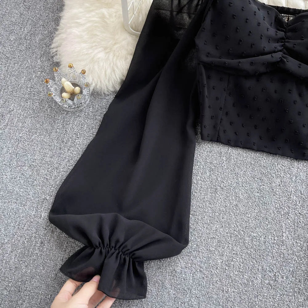 SINGREINY Polka Dot Folds Short Blouse Summer Slash Neck Long Sleeve Women Tie Halter Elastic Waist Fashion French Beach Top