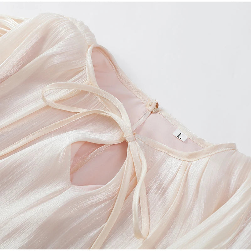 Elegant Ruffles Shiny Mini Dresses Fashion Solid Long Sleeve Lace Up V Neck Pleated Dress New Summer Party Women's Vestidos 2025