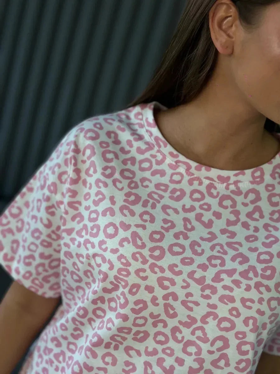 Women's Fashion Models Leopard Print Sexy Hottie Round Neck Short Sleeve Shorts Suit Pyjamas Homewear