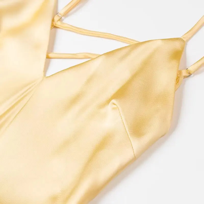 TRAFZA Women Summer Yellow Stain V Neck Sling Dress Elegant Sleeveless Loose Maxi Robes 2025 New Ladies Party Holiday Dresses