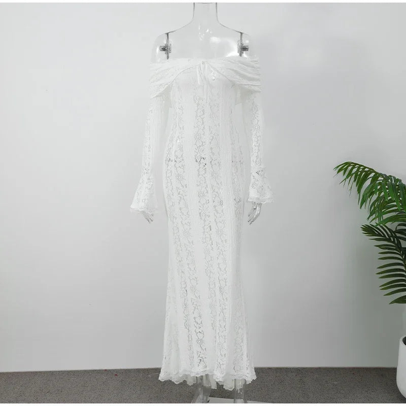 Elegant Cut Out Flared Long Sleeve Maxi Dress Women's Lace Up Hollow Out Off Shoulder Bodycon Vestidos 2025 Lady Outwear Vestido