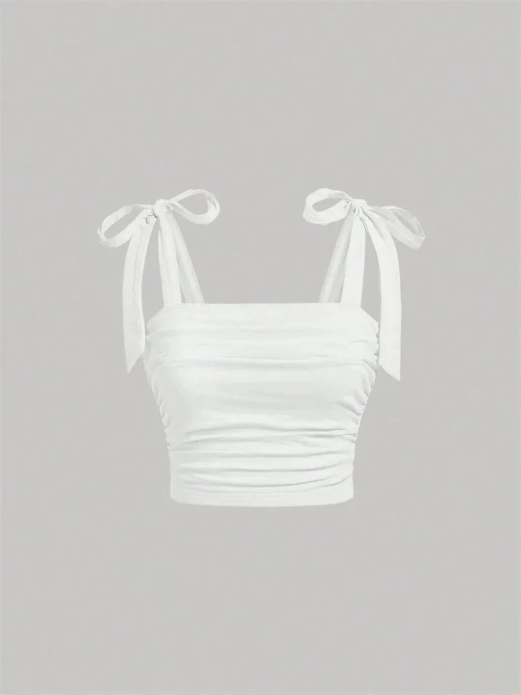 Solid Tie Shoulder Ruched Wide Strap Slim Fit Crop Top for Women Summer 2024 Y2K Clothes Pink Backless Cami Top Streetwear