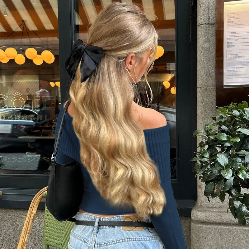 WhereMery Elegant Off Shoulder Ribbed Crop Tops Summer Fashion Casual Solid Skinny Long Sleeve Women's Gentle Y2K Tight T-shirts