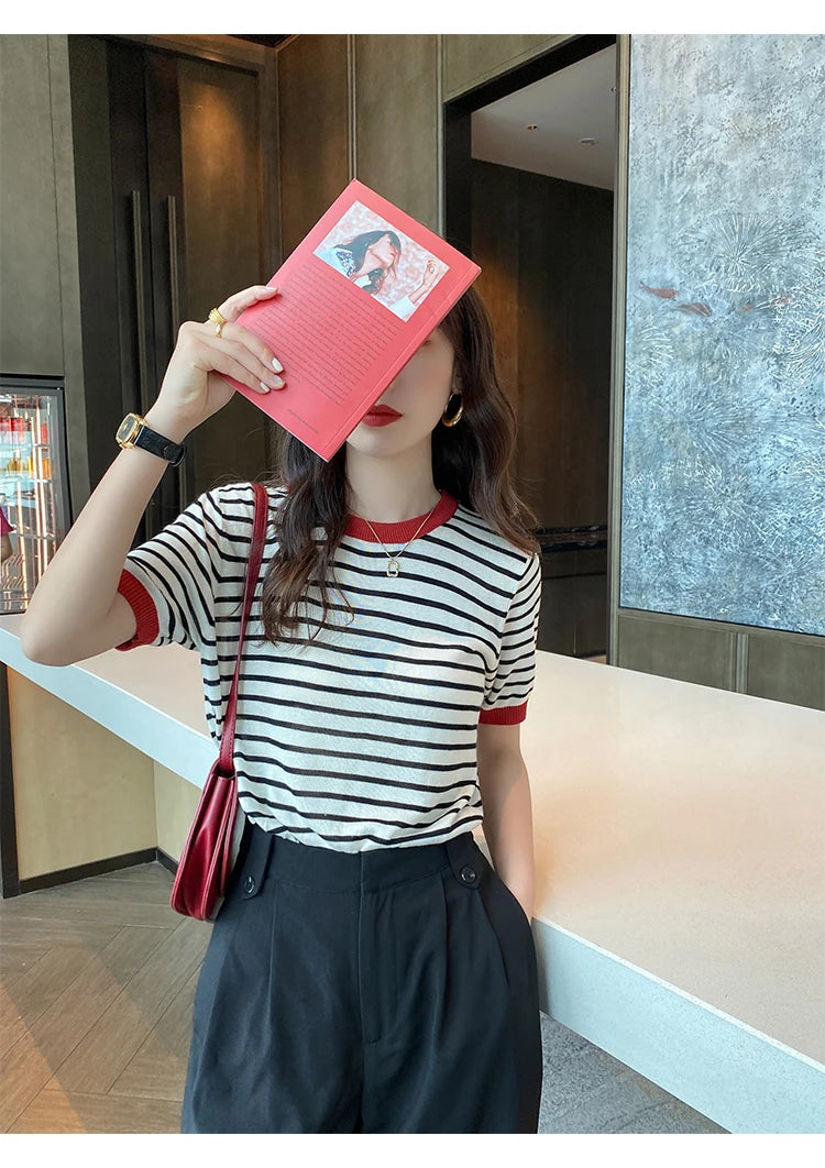 2025 Stripe Tops Women Knitted Round Collar Summer Print Short Sleeve Casual Simple Wild T-Shirt