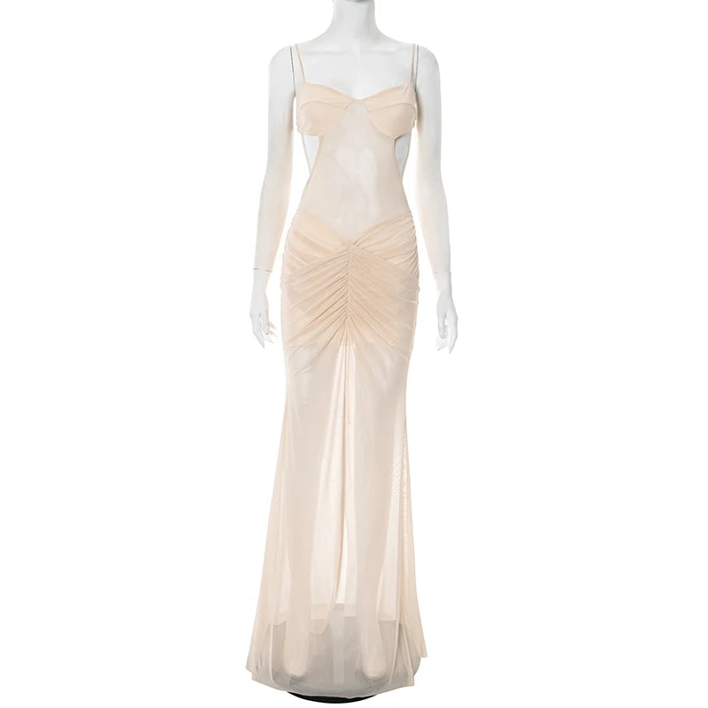 Sexy Off Shoulder Mesh See Through Maxi Dress Women Backless Ruched Elegant Gown 2025 Summer Night Prom Birthday Outfits